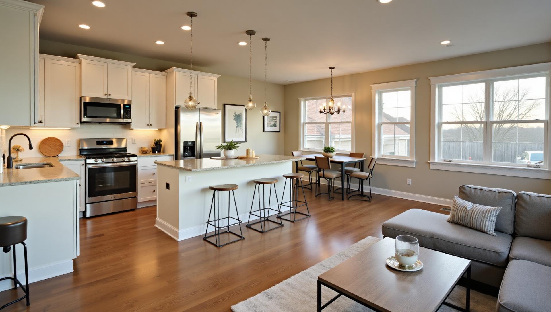 Modern open-concept kitchen remodel with white cabinets and granite island